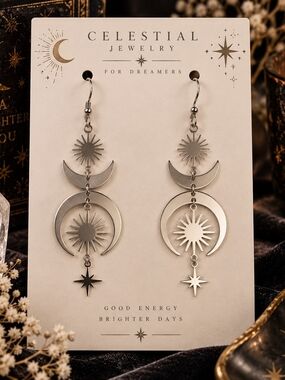 Silver Metal Celestial Moon & Star Sunburst Dangle Drop Earrings New